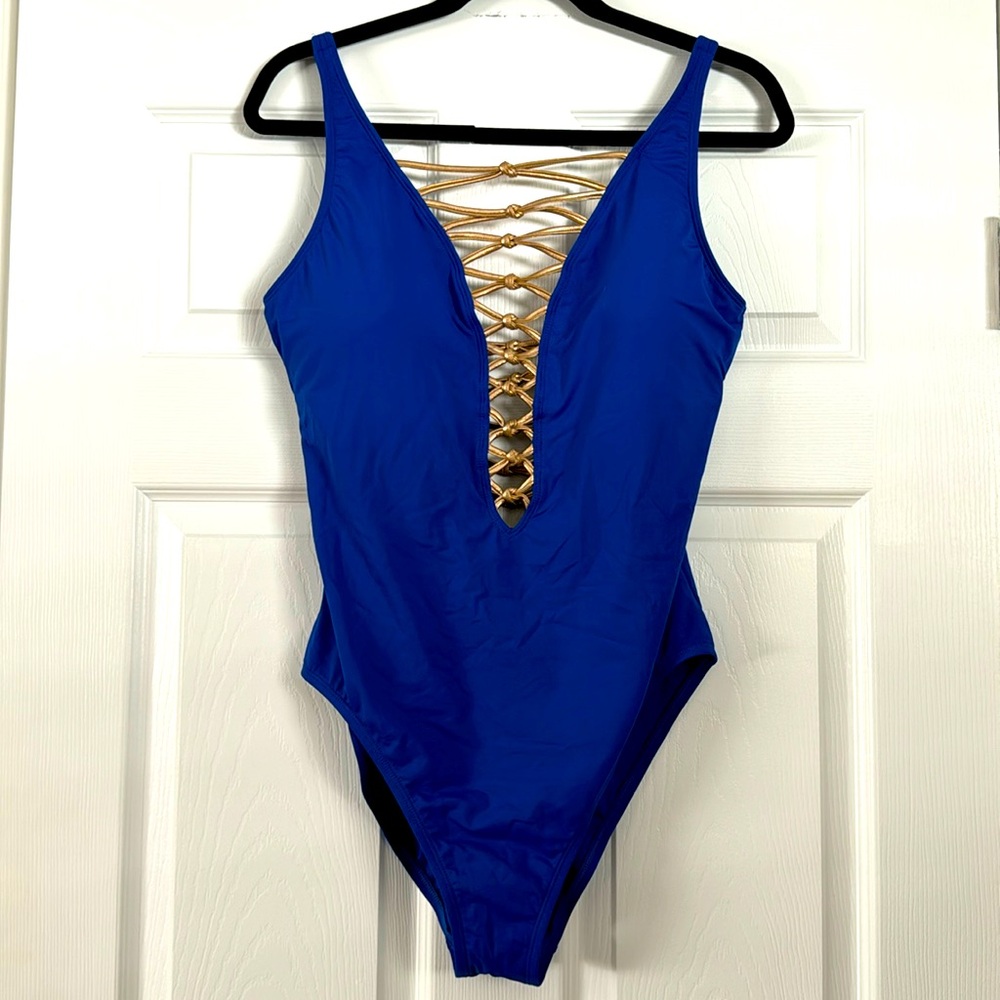 NWOT Bleu Rod Beattie One Piece w/ Deep V Criss-Cross Gold Detail